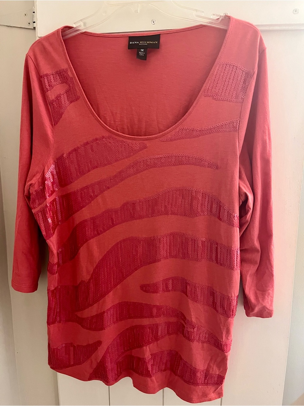 Dana Buchman Coral Sequin Wave Scoopneck Long Sleeve Top